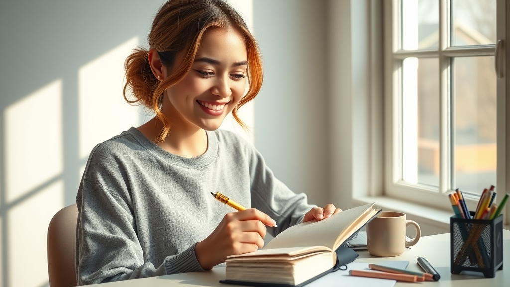 Young woman writing in a gratitude journal, practicing gratitude in a chic, sunlit home office workspace.