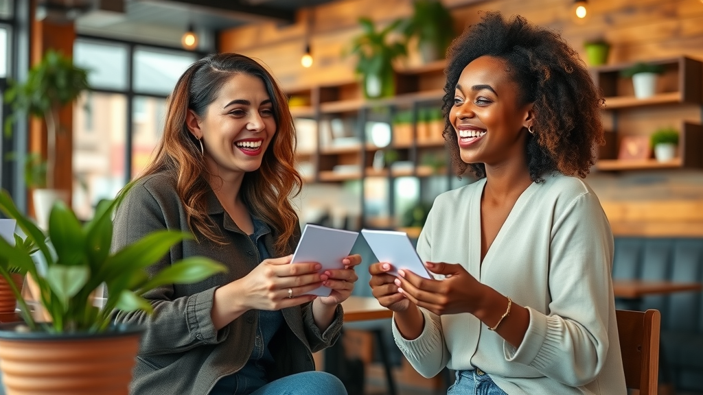 Two women in a cozy café exchanging gratitude letters, illustrating gratitude exercises for daily life.