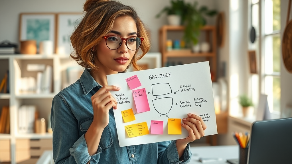 Woman creating a gratitude practice diagram, illustrating the 4 A