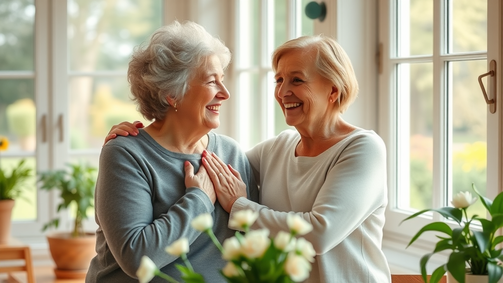 Two women, one older and one younger, embracing with grateful smiles, highlighting the role of expressing gratitude in strengthening relationships.