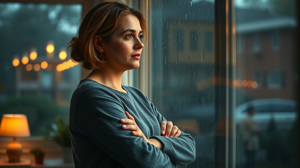 Resilient woman standing by a rain-spattered window, demonstrating the power of gratitude during difficult times.