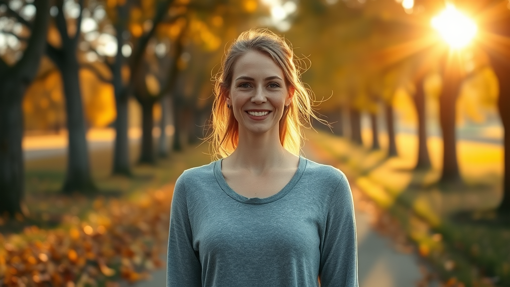 Hopeful woman walking outside at sunrise, embodying the start of a gratitude journey.