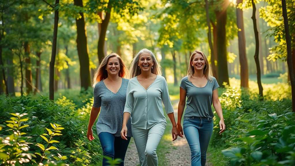 walking in nature with women: women of different ages enjoying a vibrant forest walkway, sunlight streaming through the trees, all appearing joyful and relaxed
