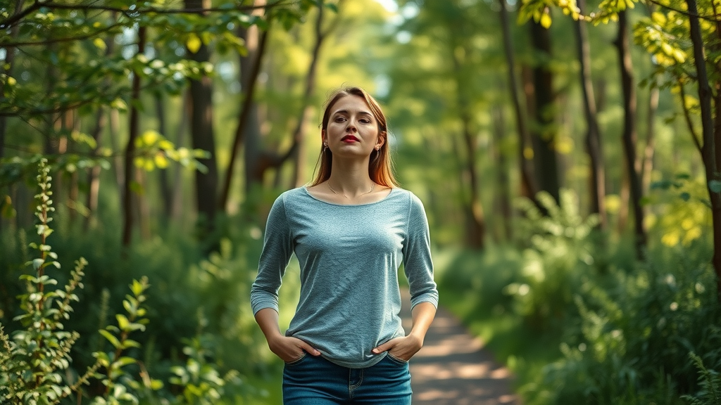 Modern woman enjoying walking in nature: pausing peacefully on a leafy forest trail, sun dappling through tree branches, engaging the senses and breathing deeply