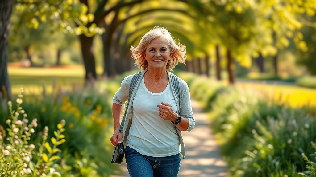 Active midlife woman experiencing the physical health benefits of walking in nature while briskly walking on a sunlit park trail surrounded by arching trees and blooming flowers