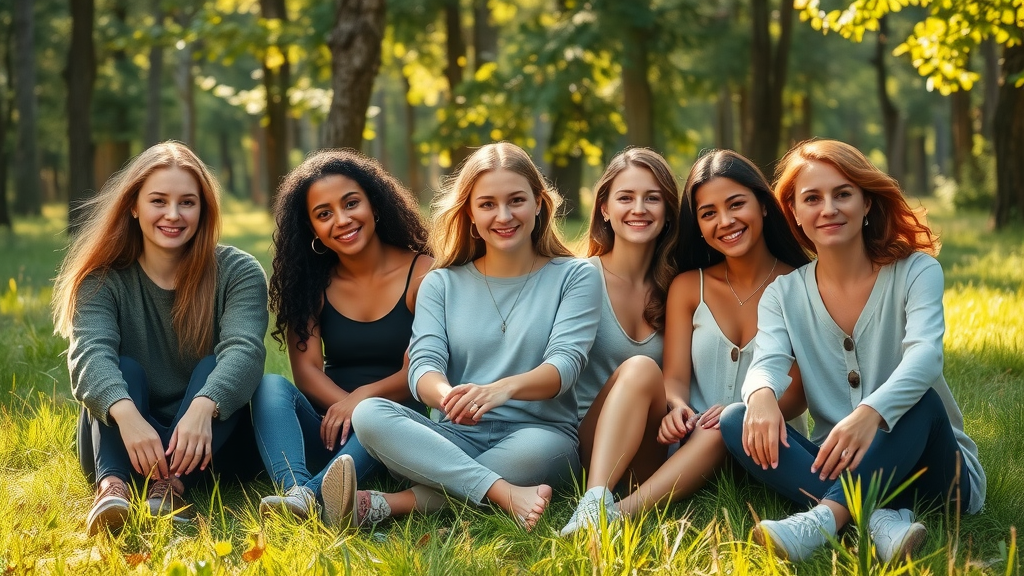 women walking in nature supporting mental health: group of diverse women relaxing together in a sunlit clearing, expressing calm connectedness