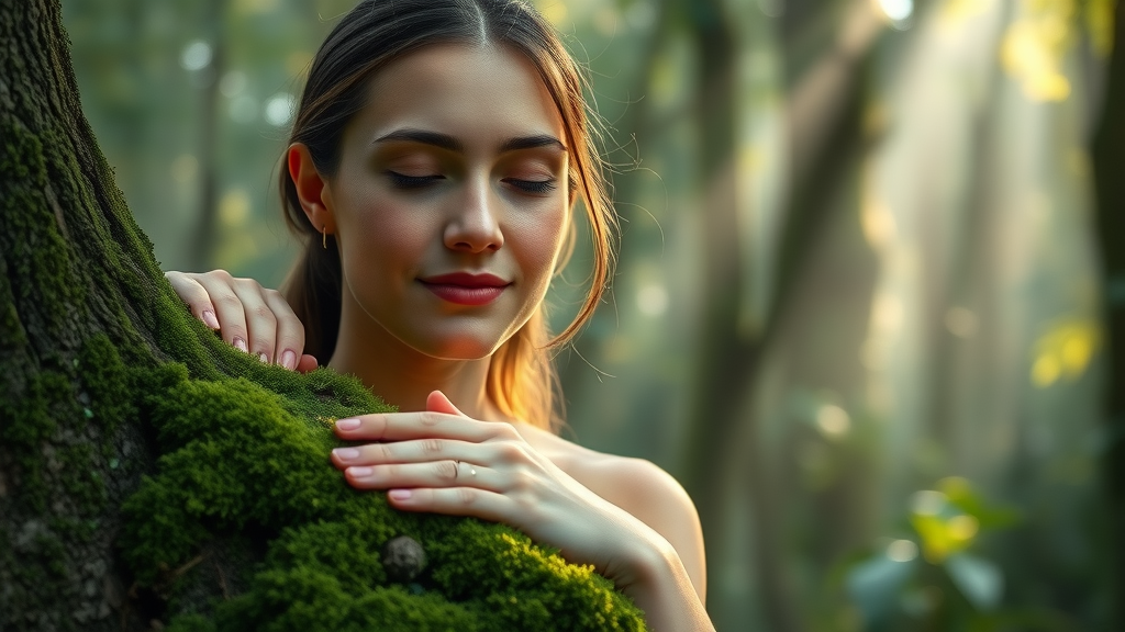 Young woman practicing forest bathing: touching moss on a tree trunk, tranquil facial expression, sun filtering through mist