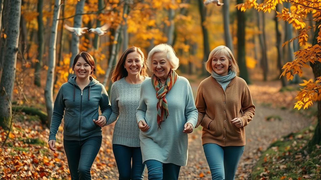 Generational group of women in nature: grandmother, mother, and daughter hand-in-hand along an autumnal woodland trail, celebrating wellbeing at every age