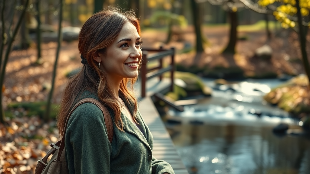 Authentic woman sharing her nature walk story: standing thoughtfully on a forest bridge, stream visible below, surrounded by serene woodlands