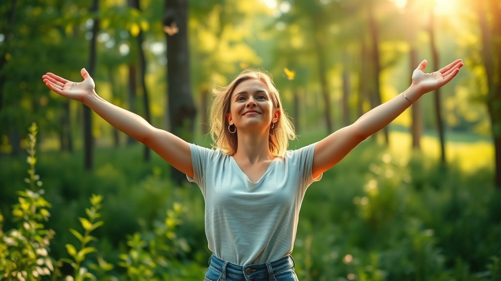 Woman standing with arms raised in a sunlit forest clearing, expressing the rejuvenating benefits of walking in nature, surrounded by butterflies and green foliage