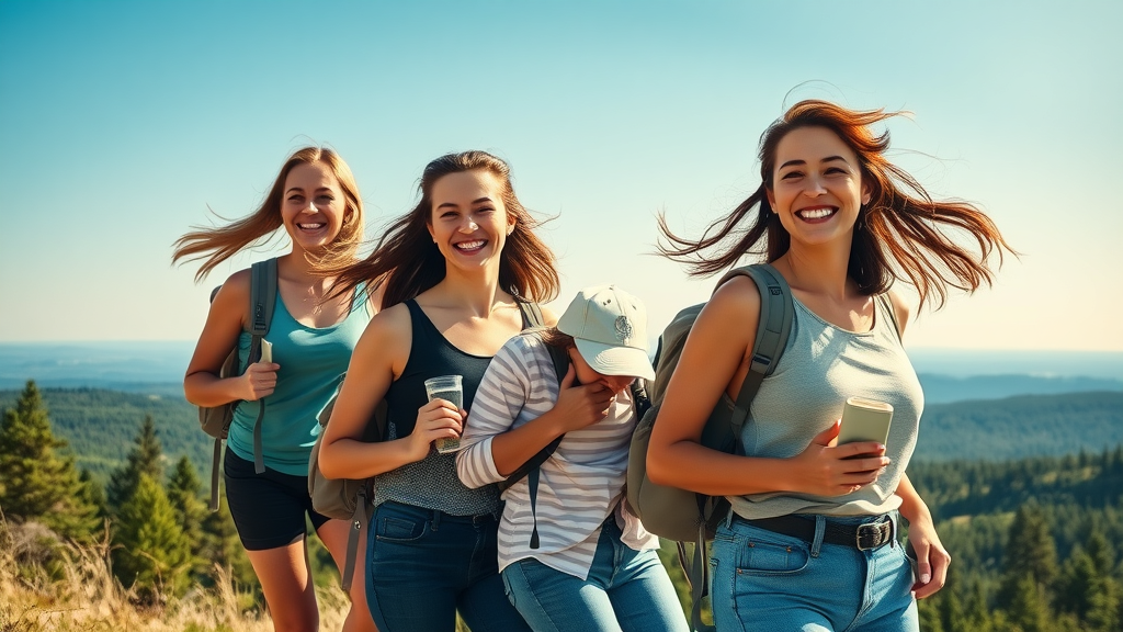 Smiling women hiking a sunlit trail, celebrating the wellbeing gained from walking in nature together, panoramic forest views in the background