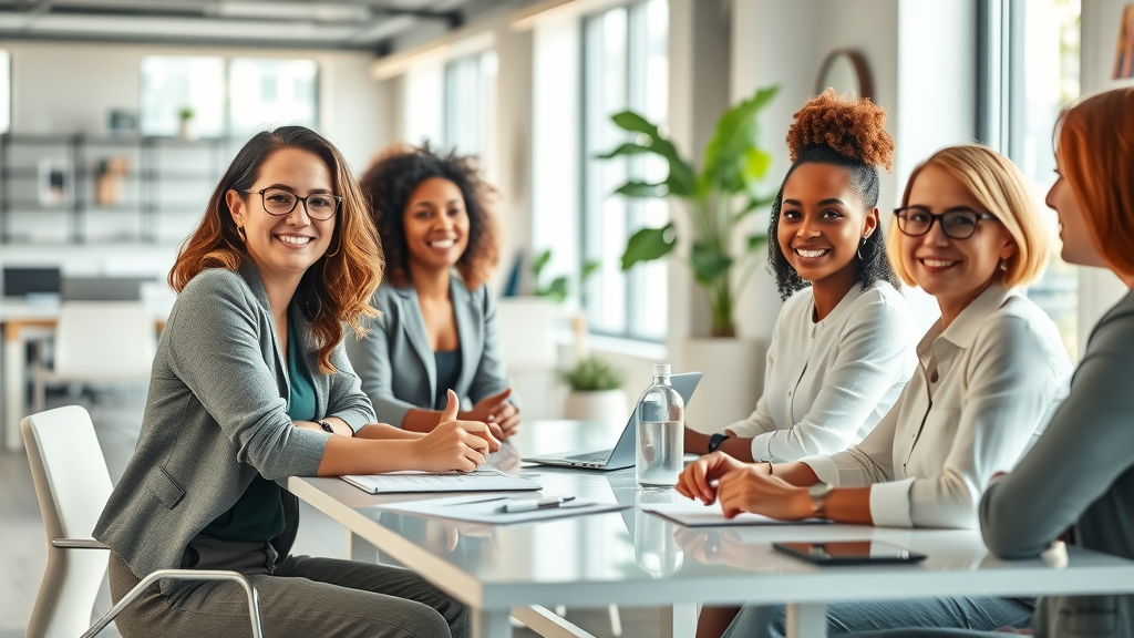 Confident diverse women at work collaborating in an open-plan office, highlighting the benefits of work and money for women’s wellness.