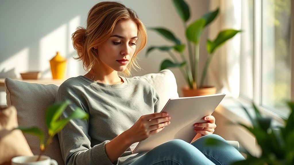 Focused woman journaling at home, reflecting on the benefits of work and money for her wellness.