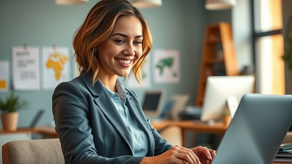 Inspired professional woman happily engaged in her job, demonstrating the benefits of work and money for women’s meaning and purpose.