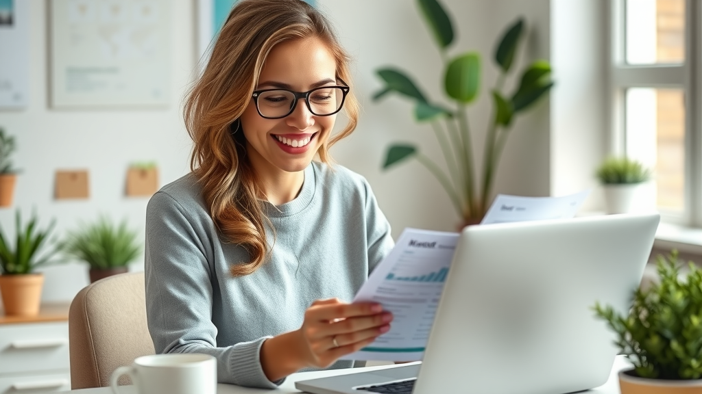 Independent woman reviewing digital finances, demonstrating financial security and the benefits of work and money for women.