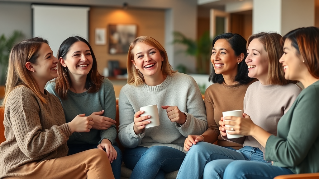 Supportive group of women colleagues sharing a laugh, showcasing the social connections and support networks formed at work.