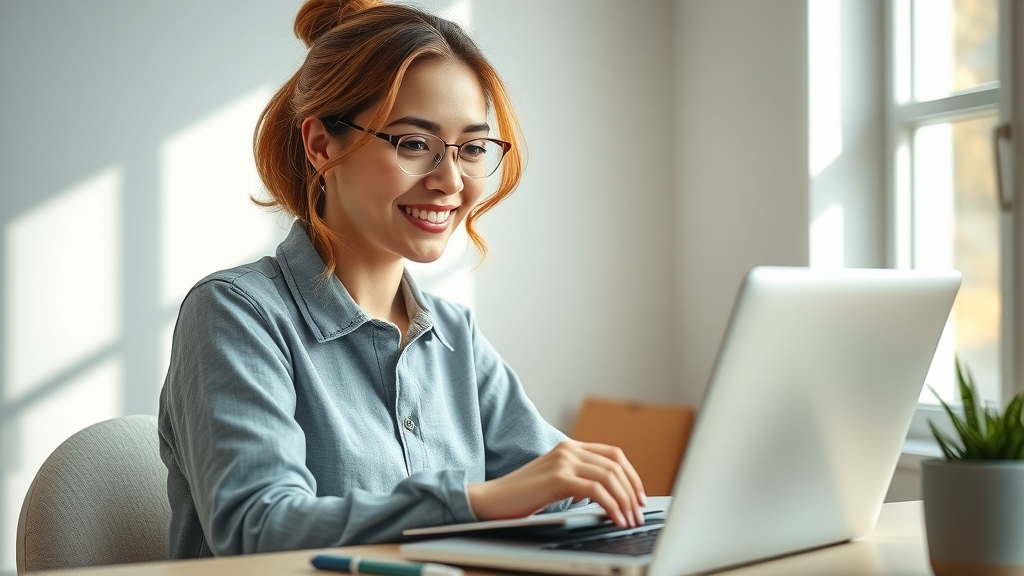 Woman learning online at home, representing the lifelong learning and personal development fueled by the benefits of work and money.