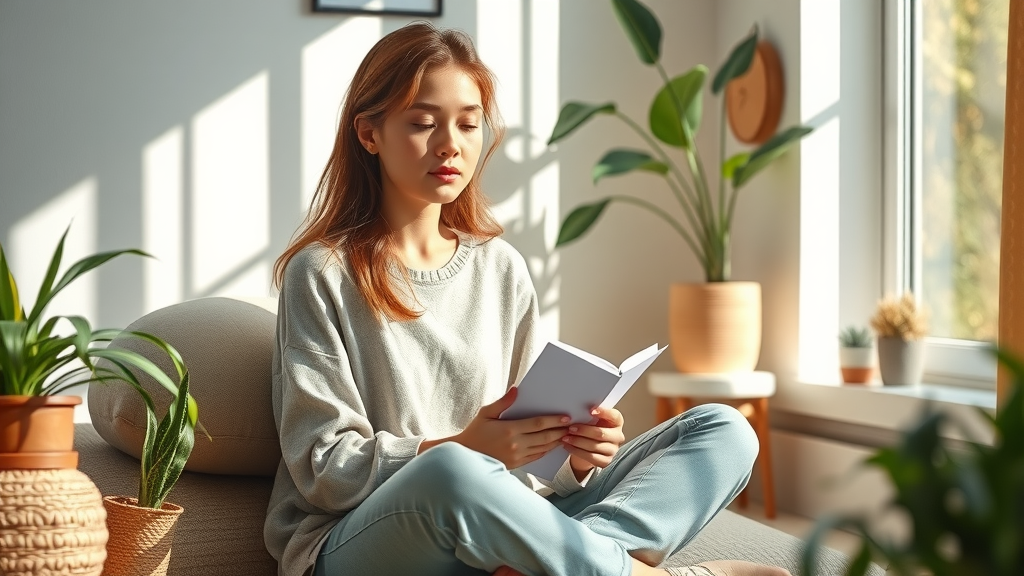 Serene young woman journaling in a sunlit cozy corner, women