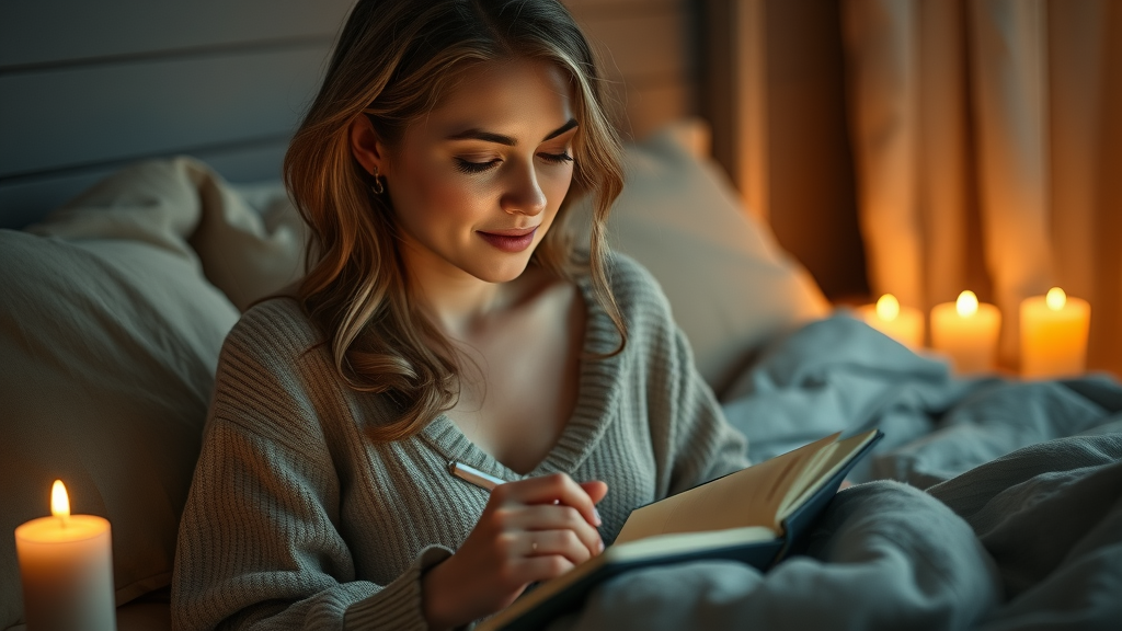 Calm woman journaling at night with candlelight, emotional balance journaling, women