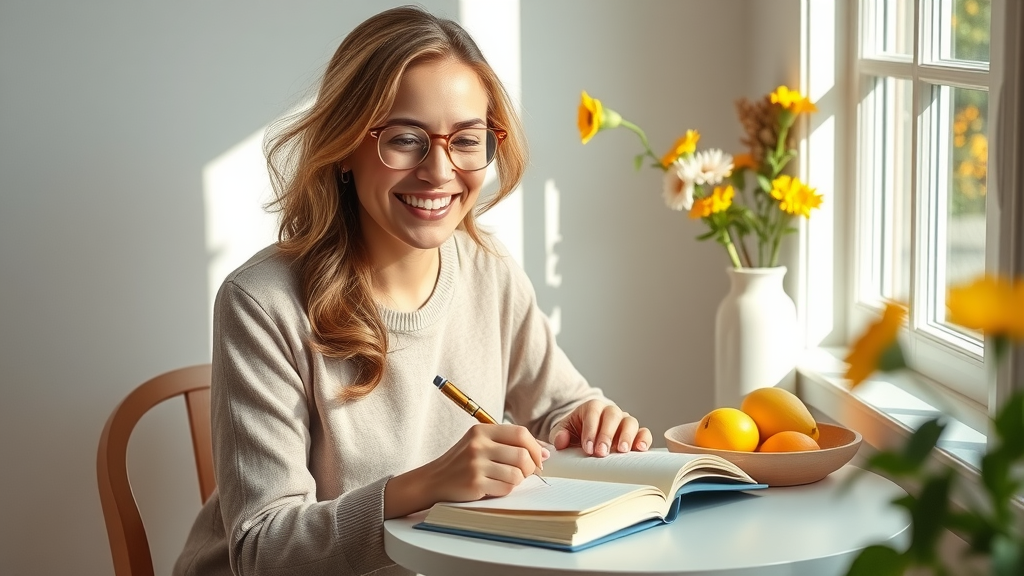 Woman smiling, writing gratitude journal, women