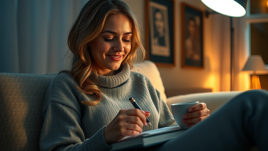 Comforting evening scene, woman journaling with cozy cup of tea, sustainable journaling routine for women