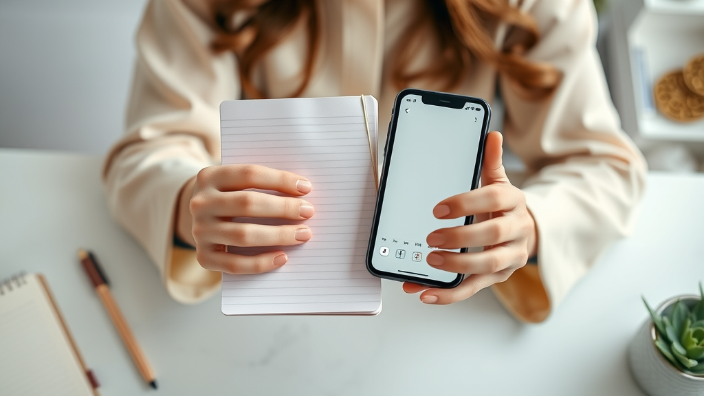 Close-up of elegant female hands holding a notebook and a smartphone with journaling app, comparing handwritten vs digital journaling for women