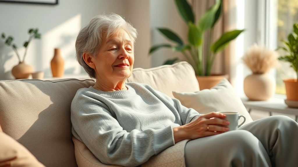 Tranquil middle-aged woman experiencing the benefits of relaxation and comforts for joyfulness, smiling serenely and reclining comfortably in a warmly lit living room