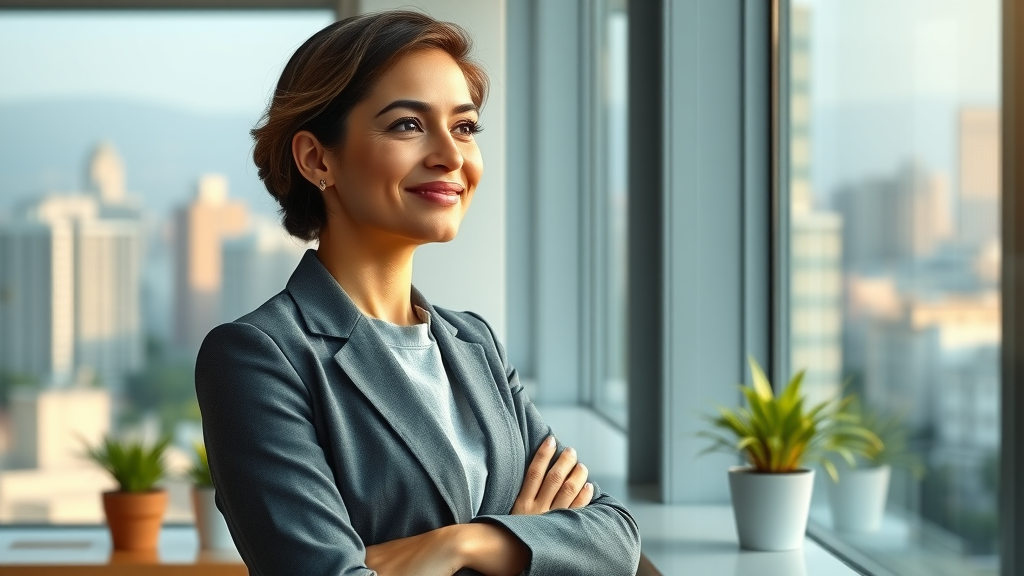 Professional woman enjoying a mindfulness break, illustrating relaxation and comfort for joyfulness in a modern office setting