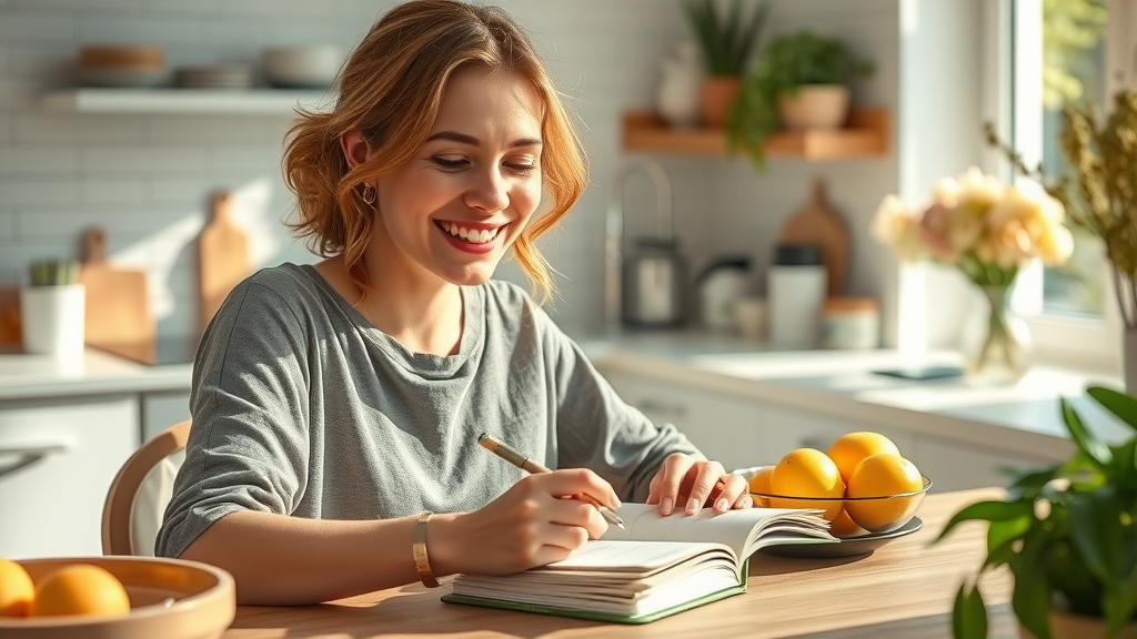 Smiling woman journaling at a kitchen table, reflecting the benefits of relaxation and comforts for joyfulness in daily routine with morning light