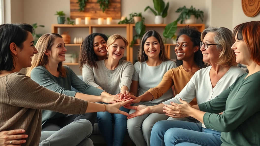 Supportive circle of diverse women emphasizing expert insights on the health benefits of relaxation and comforts for joyfulness