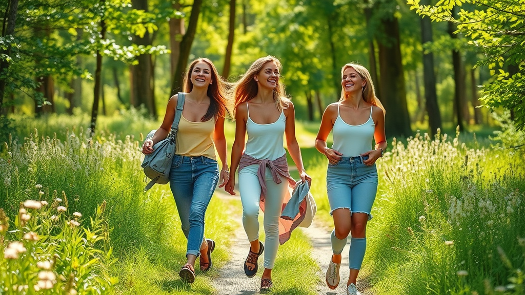Carefree women enjoying a walk in nature, laughing and experiencing the physical and emotional health benefits of relaxation and comforts for joyfulness