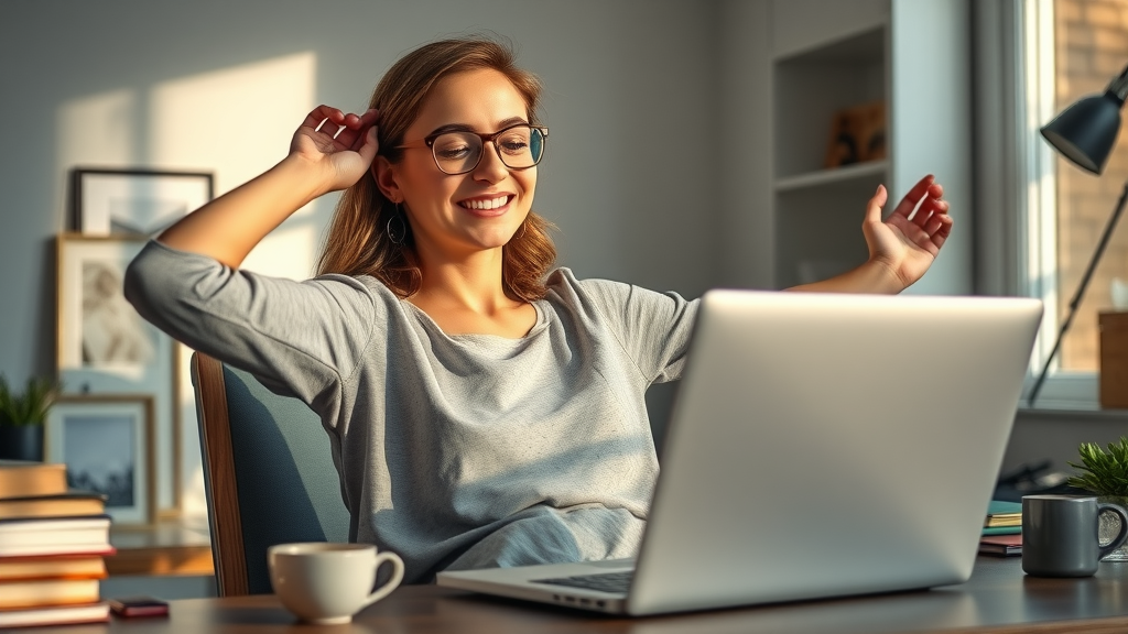 Confident woman stretching at the end of her workday, satisfied and calm from the health benefits of relaxation and comforts for joyfulness