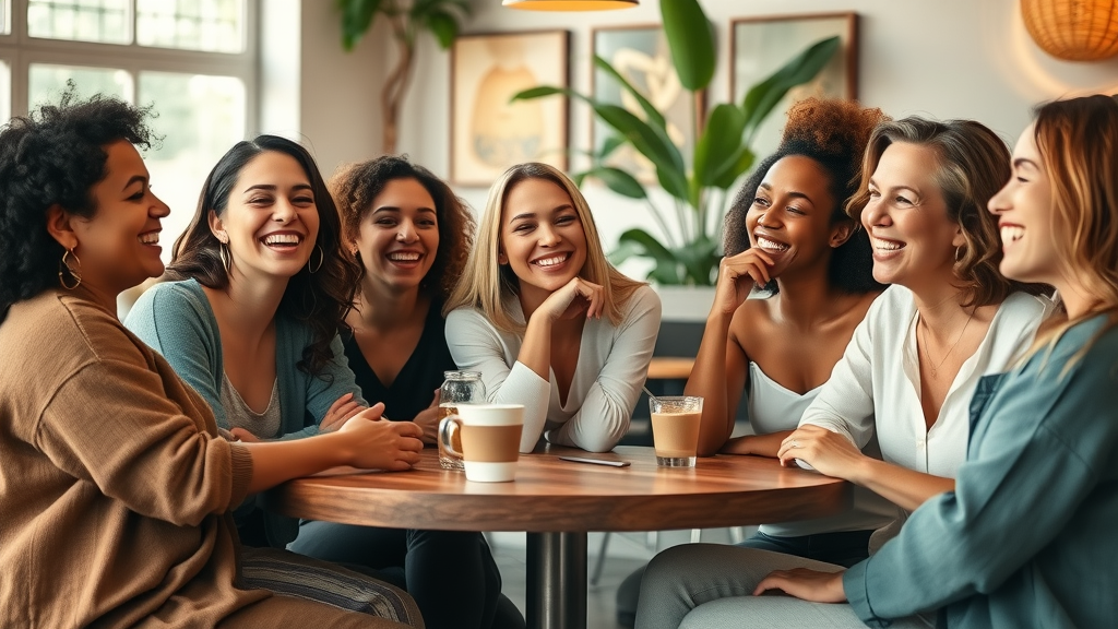 Vibrant group of diverse women laughing together — expressions of genuine joy and connection, seated comfortably around a café table, styled as photorealistic, set in a cozy modern cafe with natural plants and art, featuring warm light through windows, subtle coffee steam rising, rendered with crisp detail and soft backgrounds, emphasized with earthy and pastel colors, under soft ambient lighting, captured as if shot with a 35mm lens.