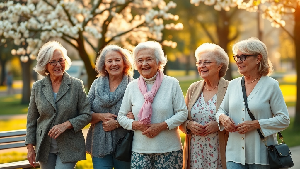 Authentic intergenerational group of women — expressions of warmth and comfort, sharing a walk together in a park, styled as photorealistic, set outdoors with blossoming trees, benches, and sunlight, featuring gentle breeze and falling petals, rendered in high texture with natural skin tones, emphasized with bright greens and gentle pinks, under golden hour sunlight, captured as if shot with an 85mm lens.