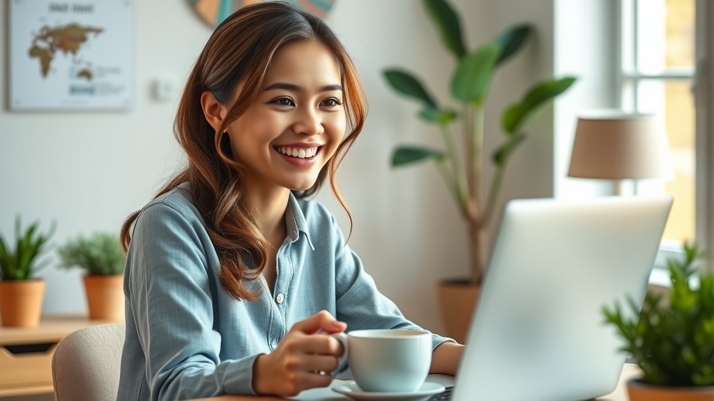 Modern young woman enjoying a video call — happy and engaged facial expression, sitting at a desk with a laptop and coffee, styled as photorealistic, set in a bright and tidy home workspace with plants and soft decor, featuring cheerful light, slight screen glow, rendered with sharp focus on her face and soft background blur, emphasized with calming blues and warm wooden tones, under daylight window lighting, captured as if shot with a 50mm lens.