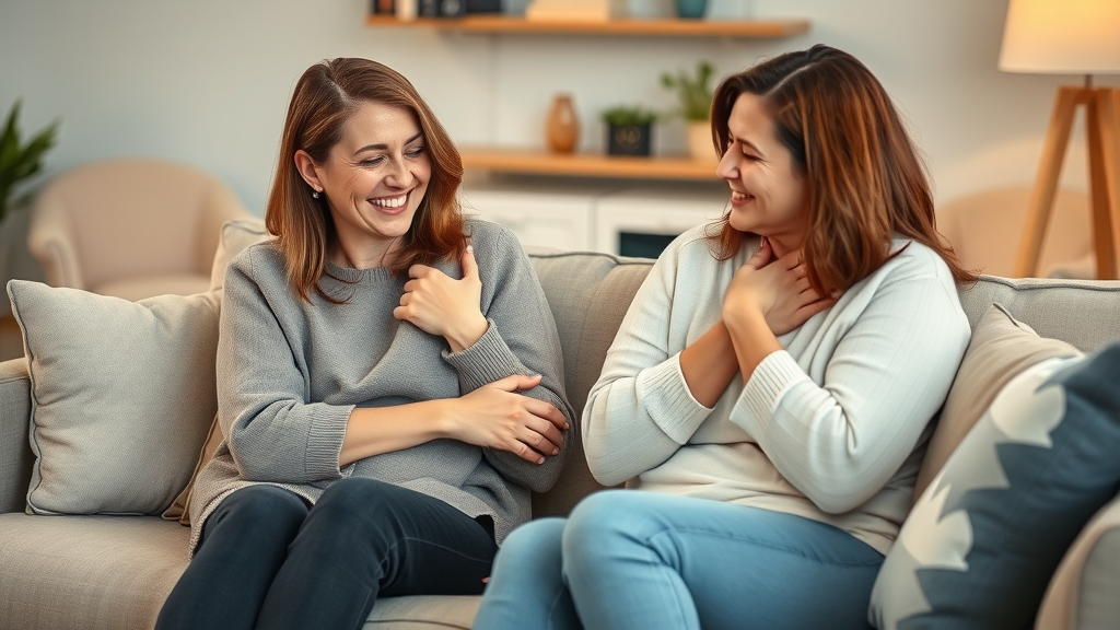 Supportive scene of women comforting each other — gentle smiles and empathetic facial expressions, sitting together on a stylish sofa, styled as photorealistic, set in a modern living room with soft pillows and a warm rug, featuring hands placed naturally on shoulders, rendered with soft textures and depth of field, emphasized with warm neutral tones and pastel hues, under cozy indoor lighting, captured as if shot with a 50mm lens.