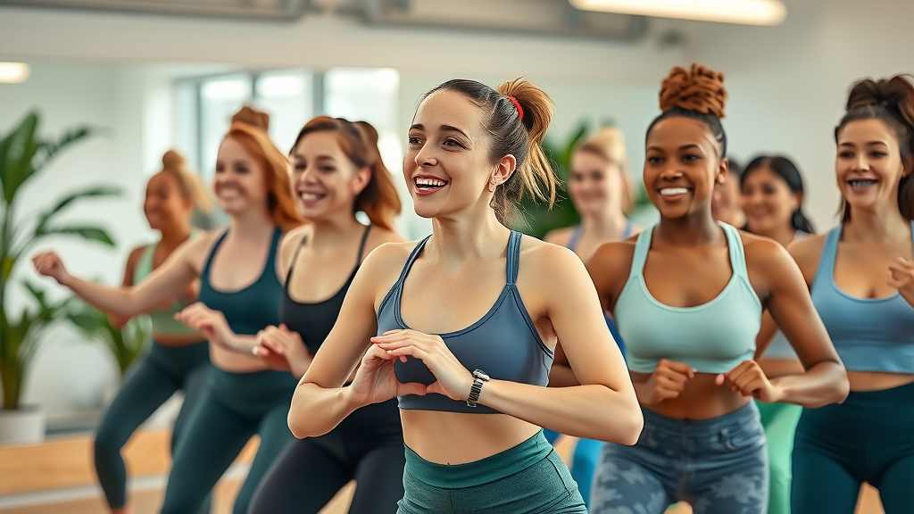 Energetic group of women participating in a fitness class — faces showing enthusiasm and determination, actively moving in sync, styled as photorealistic, set in a bright studio with mirrors and plants, featuring dynamic motion and workout props, rendered with high realism and crisp detail, emphasized with invigorating greens, blues, and natural wood, under diffused overhead lights, captured as if shot with a 24mm lens.