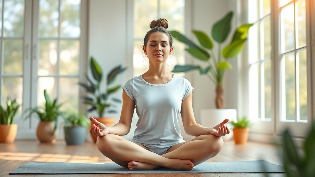 Calm woman practicing mindfulness — peaceful facial expression, sitting cross-legged on a yoga mat, styled as photorealistic, set in a sunlit room with large windows, minimal decor, and potted plants, featuring tranquil atmosphere and light breeze from the window, rendered with soft focus and smooth skin textures, emphasized with restful greens and white, under gentle morning light, captured as if shot with an 85mm lens.