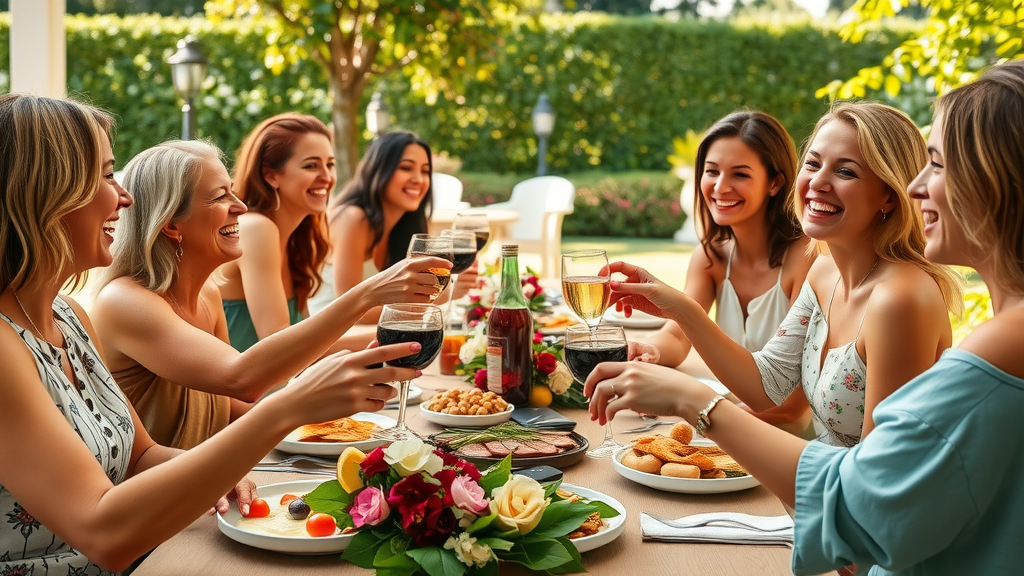 Group of women sharing a joyful meal — laughing and toasting, happy playful facial expressions, passing dishes and making eye contact, styled as photorealistic, set at a large outdoor table in a sunlit garden, featuring fresh food, drinks, and flowers, rendered with vibrant detail and nuanced skin tones, emphasized with rich greens, reds, and sunlight yellows, under bright natural daylight, captured as if shot with a 35mm lens.