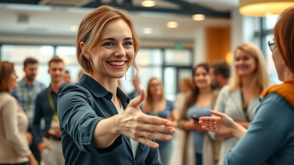 Confident woman greeting new friends — open and welcoming facial expression, mid-handshake at a community event, styled as photorealistic, set in a well-lit indoor space with modern decor and happy people in background, featuring dynamic interpersonal engagement and subtle movement, rendered with high detail and natural colors, emphasized with inviting blues, corals, and whites, under warm overhead lighting, captured as if shot with a 50mm lens.
