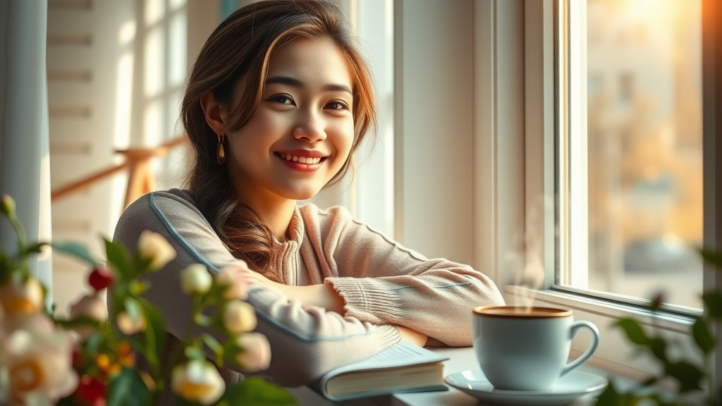 Dreamy young woman looking contemplative and joyful, romanticize your life, cozy home, flowers, books, morning light, cup of coffee