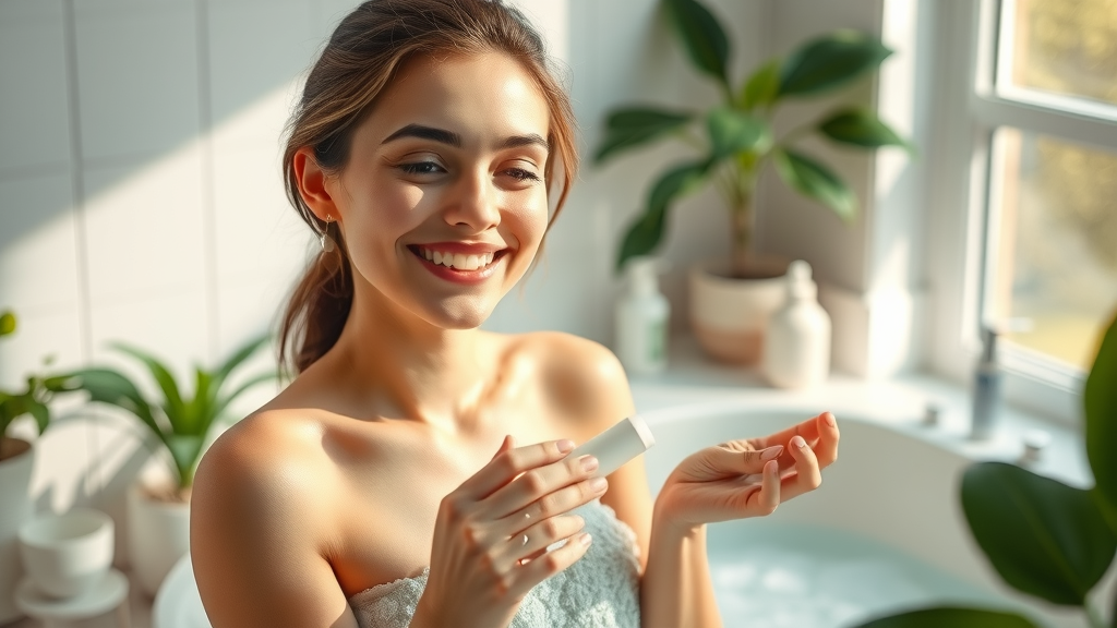 Empowered woman practicing morning self-care, romanticizing your life, relaxing skincare, natural products, bathroom, morning light, joyful woman wellness