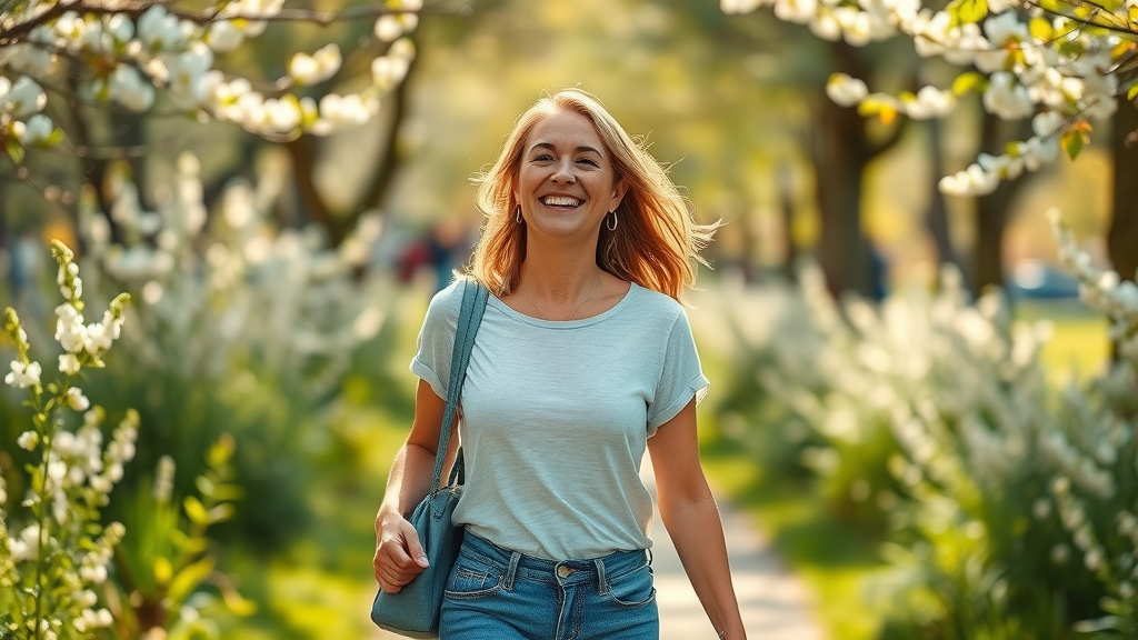 Joyful woman walking outdoors, romanticize your life, blooming park, nature, springtime, present moment, harmony, mental health