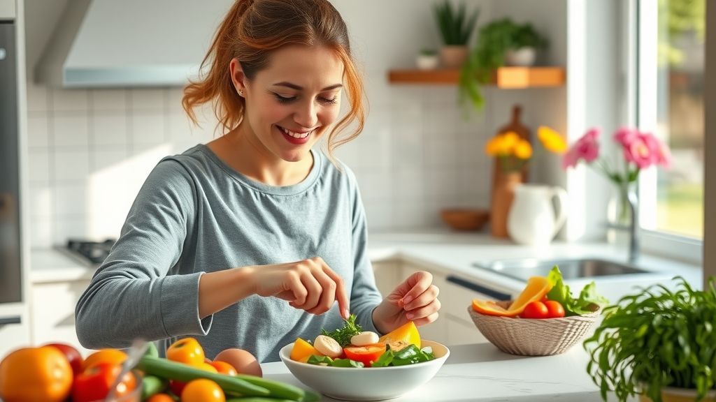 Woman preparing a beautiful meal, romanticizing your life, fresh ingredients, kitchen, simple pleasures, ritual of joy