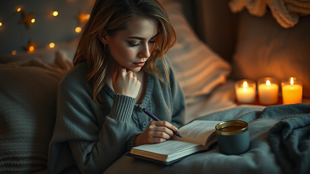 Reflective woman journaling at night, candlelight, romanticizing your life, cozy self-love rituals, dim lighting, thoughtful mood