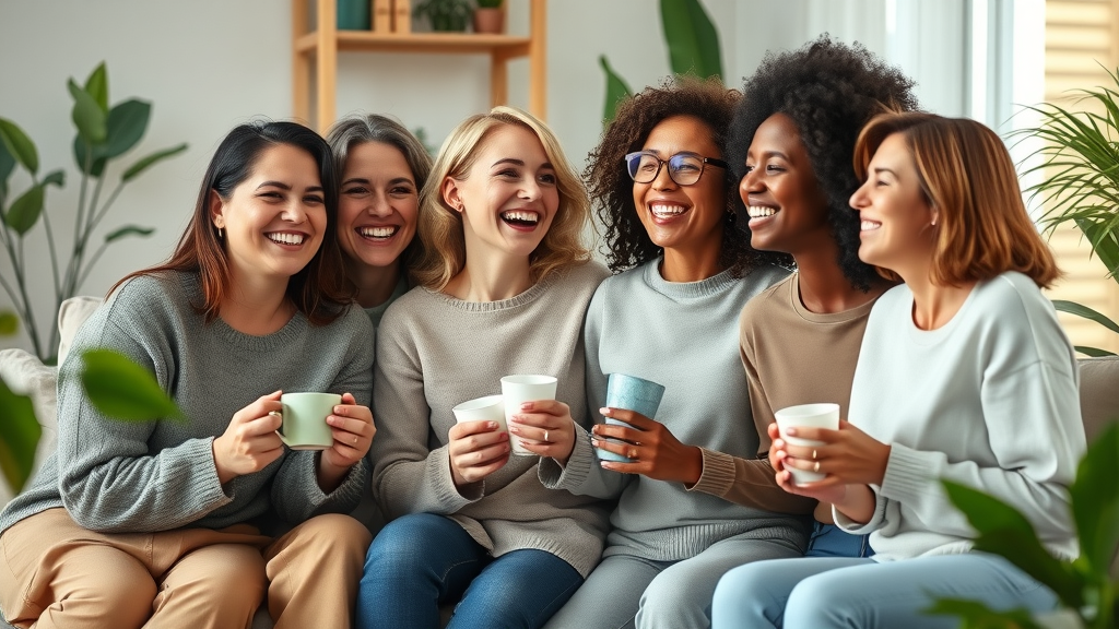 Group of diverse women smiling and supporting each other, romanticize your life, wellness, joy, female empowerment, cozy home, natural light