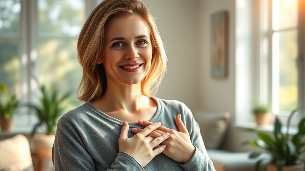Inspirational woman in her 30s practicing manifesting, hopeful and serene, hands on heart, sunlit living room with plants.