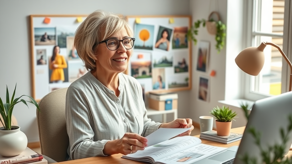 Modern vision board collage, joyful middle-aged woman pinning inspiring images, vision board with plants and notepads.