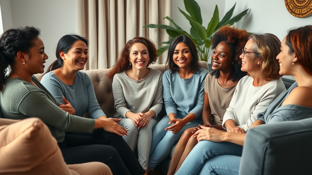 Diverse group of women supporting each other in manifesting, showing mutual encouragement and happiness in a cozy living room with plants.