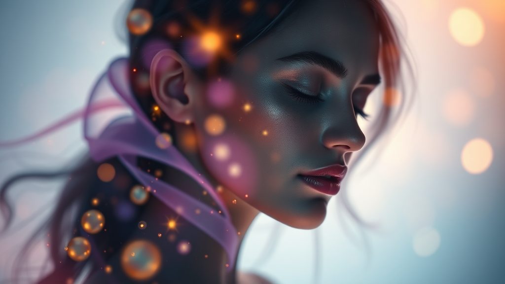 Abstract feminine silhouette reflecting on manifesting, surrounded by swirling light and color, blending scientific and mystical elements.